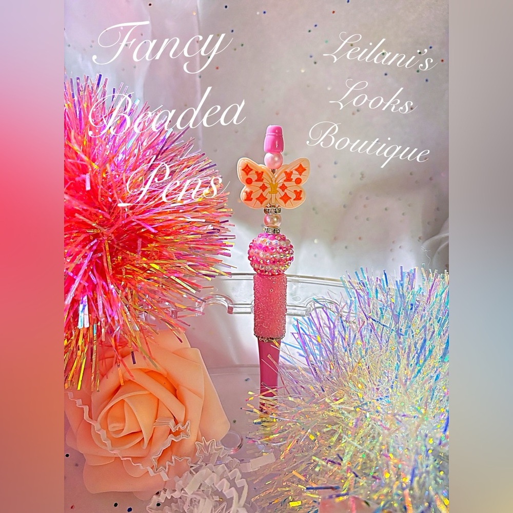 Pink Beaded Pen with Butterfly Topper